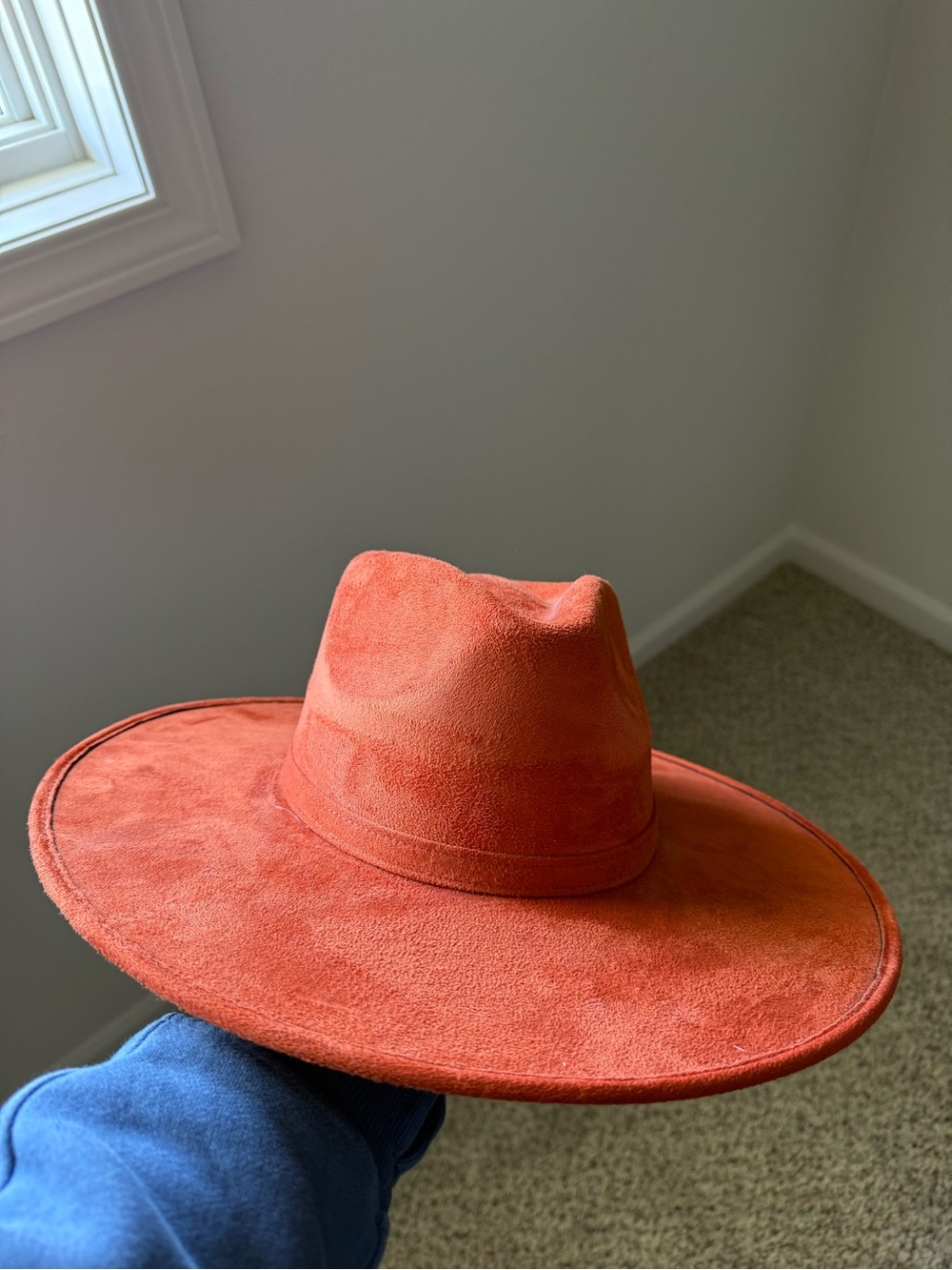 Wide-Brim Suede Fedora Hat in Burnt Orange